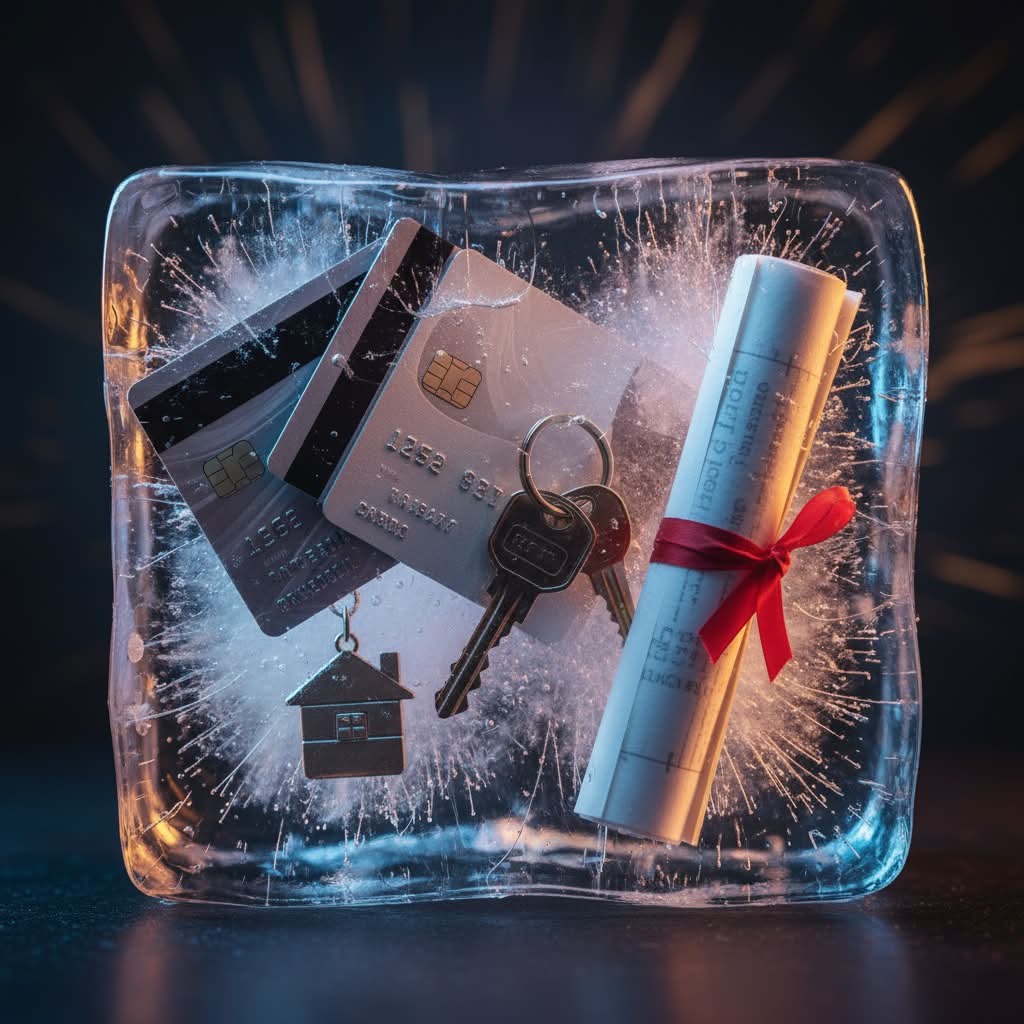 Frozen assets - credit cards, keys, and documents in ice